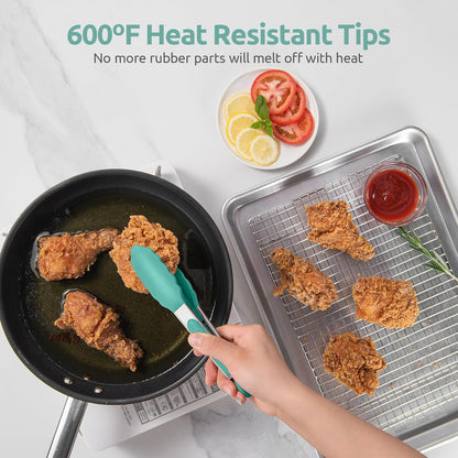 600ºF Heat Resistant Kitchen Tongs: U-Taste 9 inch Silicone Cooking Tong with Firm Sealed Non Stick Rubber Tips & Silicon Coated 18/8 Stainless Steel Handle & Smooth Locking for Serving Salad (Black)