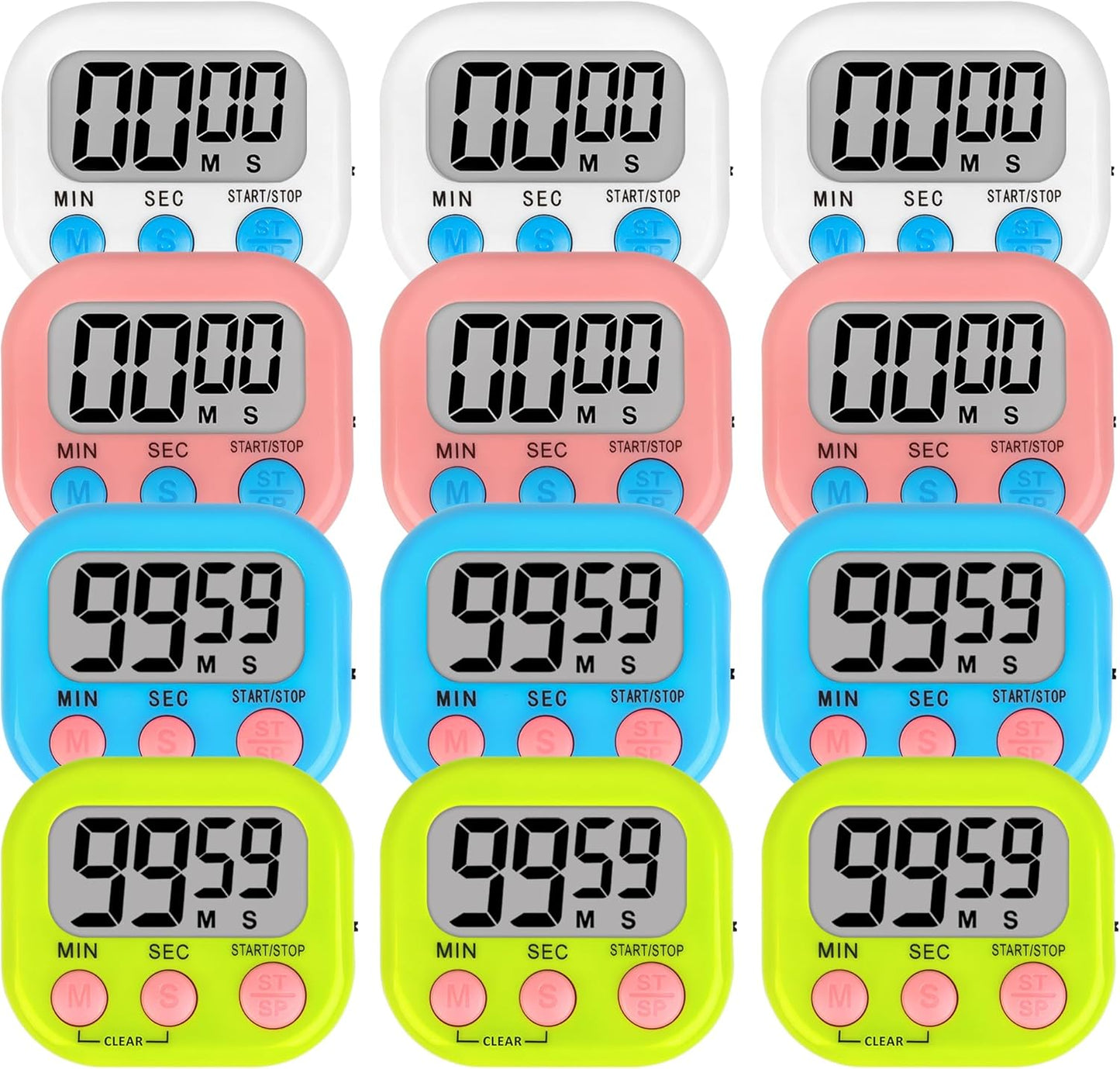 Lasubst Digital Classroom Timers for Teachers Kids School Supplies Bulk with Magnetic Back 12 Pack, White Pink Blue Green