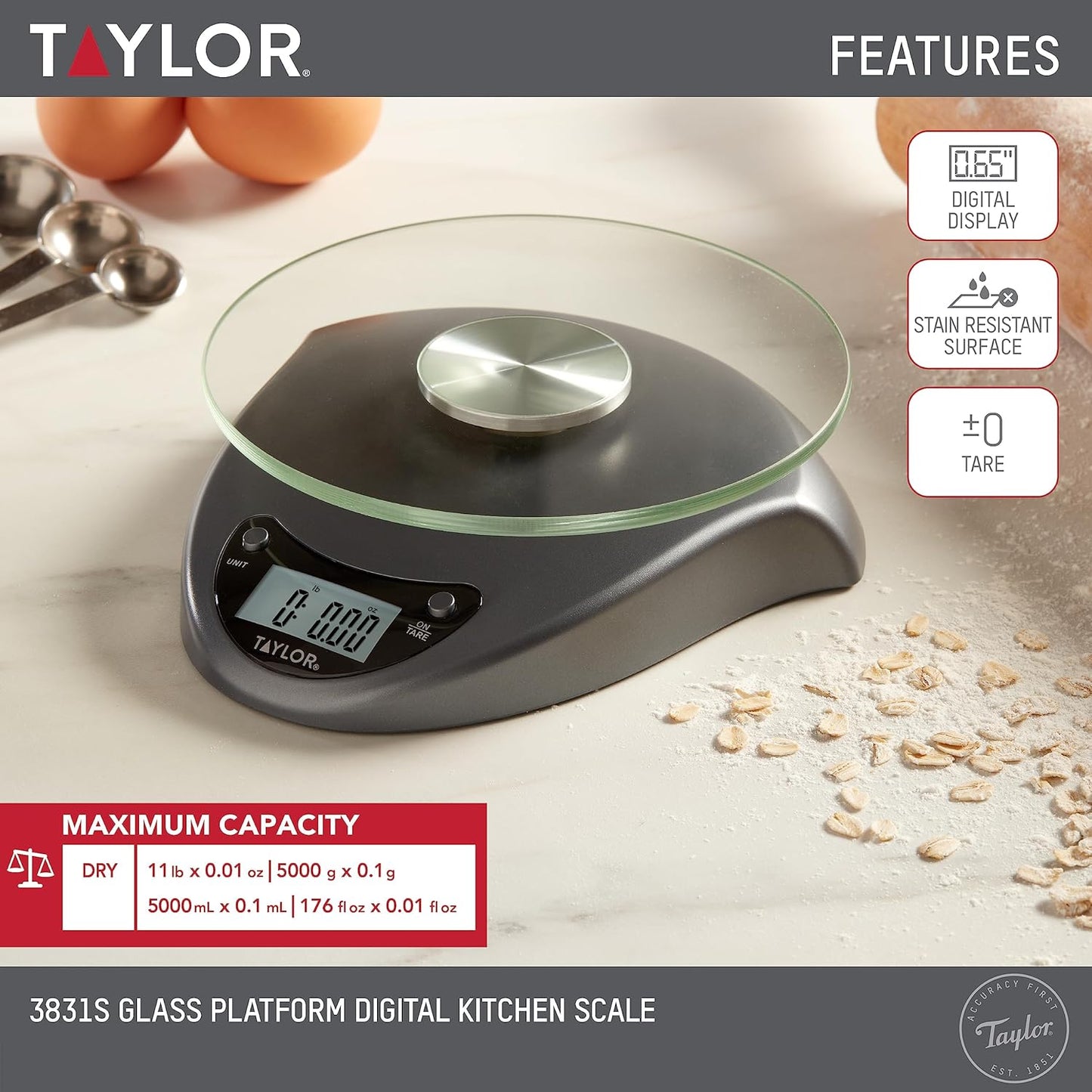 Taylor Digital Kitchen Scale with Glass Platform, Tare Button, and Plastic Body Weighs up to 11 Pounds Capacity, White