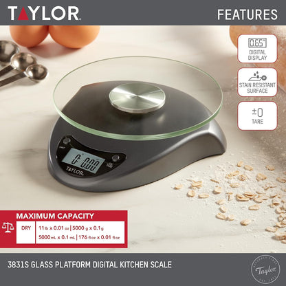 Taylor Digital Kitchen Scale with Glass Platform, Tare Button, and Plastic Body Weighs up to 11 Pounds Capacity, White