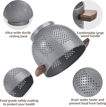 Metal Colander with Wood Handle and Stable Base, 5.5 Quart Powder Coated Steel Kitchen Strainer Basket for Draining Pasta, Vegetable and fruit,Cream