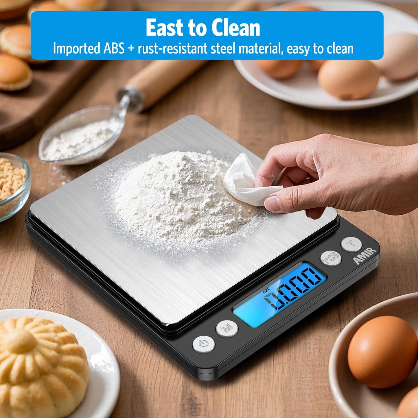 (Upgraded) AMIR Digital Kitchen Scale, 500g Mini Pocket Jewelry Scale, Food Scale, Coffee Scale, Back-Lit LCD Display, 2 Trays, 6 Units, Auto Off, Tare, PCS, Stainless Steel (Batteries Included)
