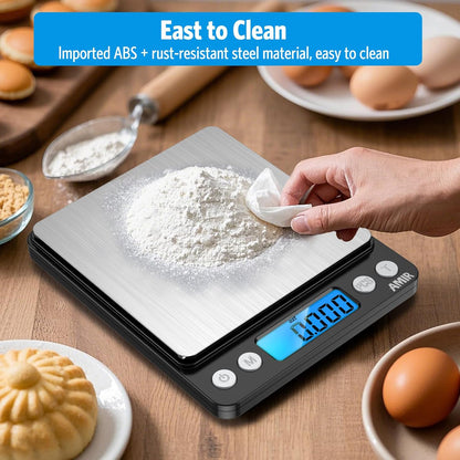(Upgraded) AMIR Digital Kitchen Scale, 500g Mini Pocket Jewelry Scale, Food Scale, Coffee Scale, Back-Lit LCD Display, 2 Trays, 6 Units, Auto Off, Tare, PCS, Stainless Steel (Batteries Included)