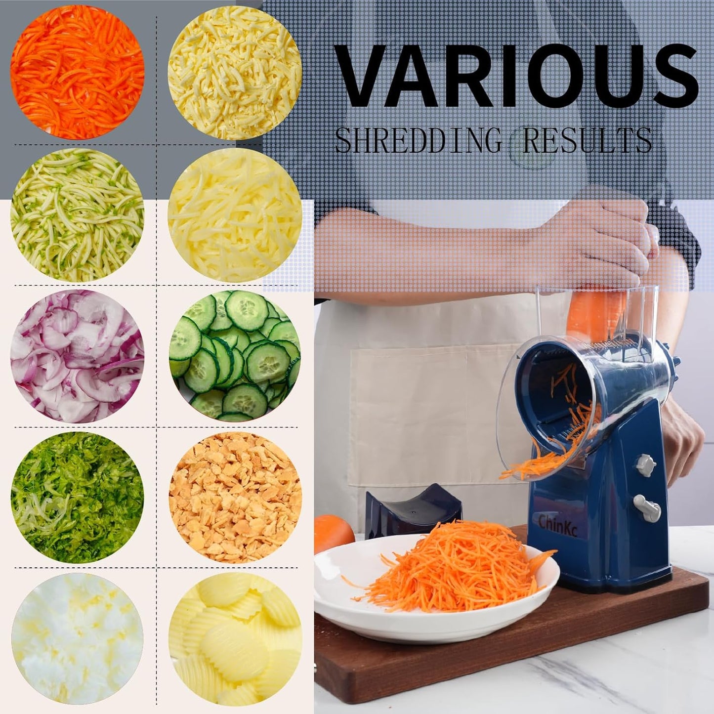 Upgrade Rotary Cheese Grater Shredder with Handle, Strong Suction Base, Multi-purpose Rotary Grater Slicer with 5 Interchangeable Blades for Ice, Vegetables, Fruit, Nuts with Blade Storage Box