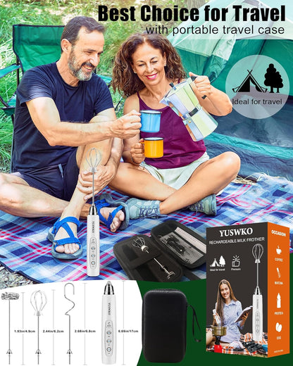 YUSWKO Black Handheld Milk Frother Wand for Coffee, Rechargeable Electric Whisk with 3 Heads 3 Speeds Drink Mixer Coffee Frother For Latte, Cappuccino, Hot Chocolate, Egg