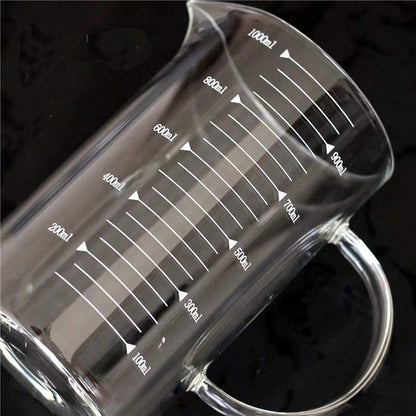 Graduated Beaker Mug with Handle and Durable Bamboo Lid Borosilicate Glass Multi-Function Food Grade Measuring Cup 1000ML