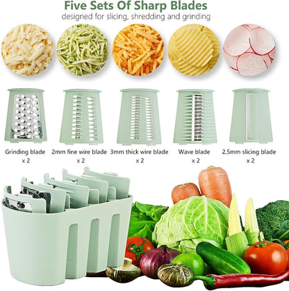 Rotary Cheese Grater with Handle: 5 in 1 Cheese Grater Hand Crank Cheese Shredder with Strong Suction Base Kitchen Vegetable Slicer with 5 Interchangeable Blades, Storage Box, White