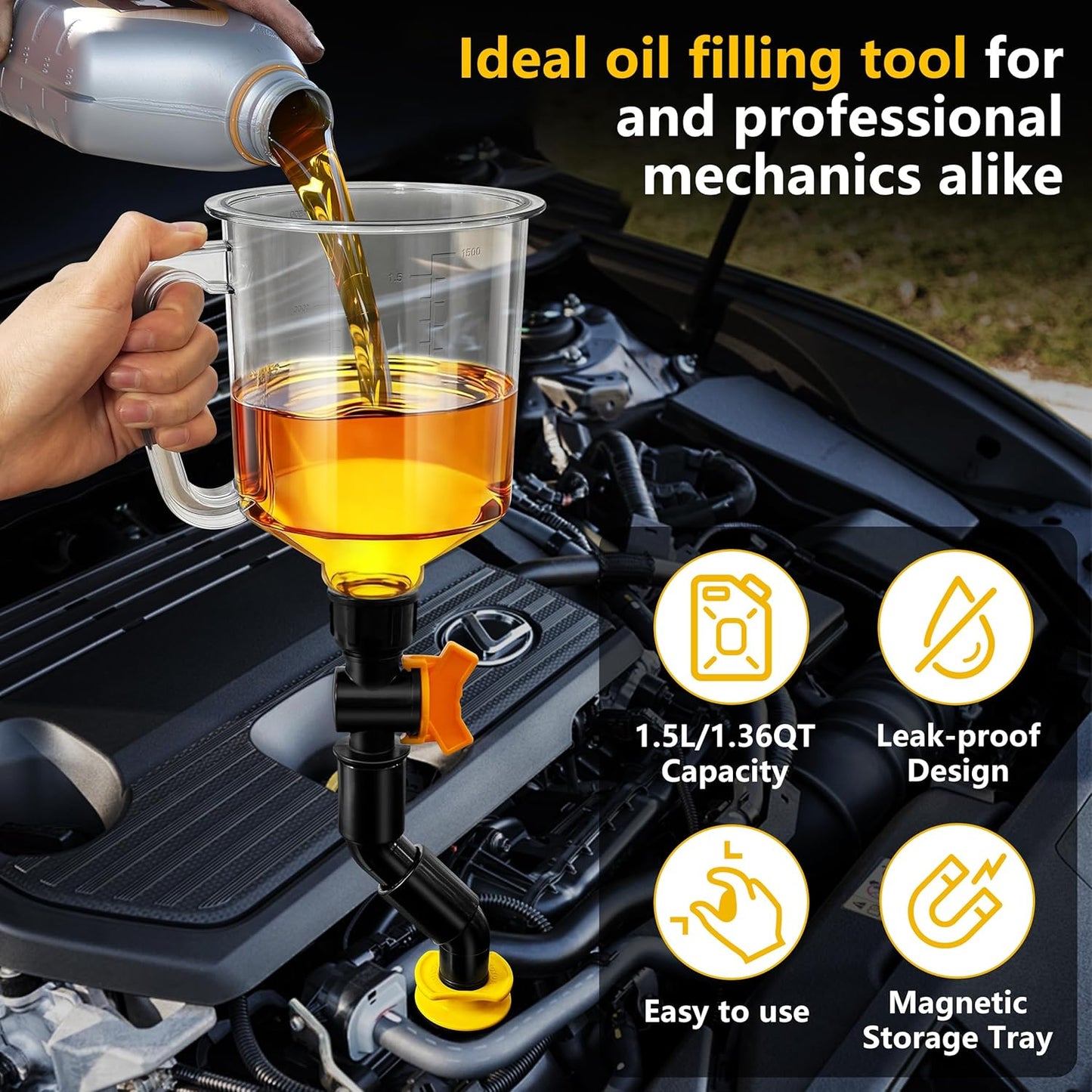 18 Pack No Spill Engine Oil Funnel Kit，1.59QT/1.5L Automotive Oil Funnel Set， 2 Magnetic Adapter Organizer Boards 12 Adapters Compatible with GM, Ford, BMW, Audi, Land Rover Etc