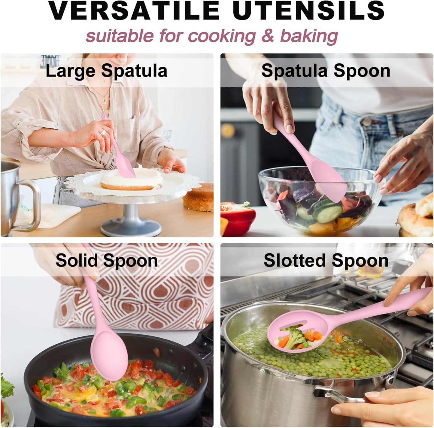 TeamFar Silicone Cooking Utensil Set of 7, Black Kitchen Nonstick Tools Turner Spoon Spatula Ladle Pasta Server for Nonstick Cookware, Healthy & One-Piece, Anti-Heat & Dishwasher Safe