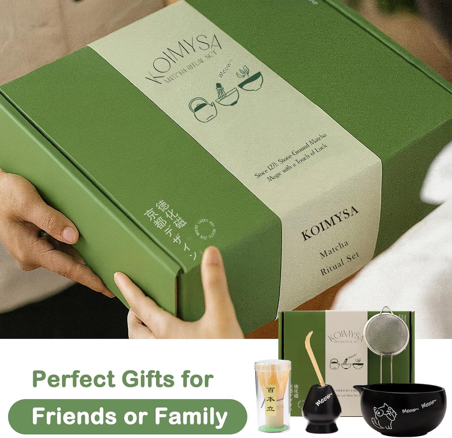 Matcha Whisk Set, 5 Pcs Traditional Japanese Matcha Whisk Preparation Kit, White Glossy Ceramic Bowl with Black Cat and Strawberry Pattern