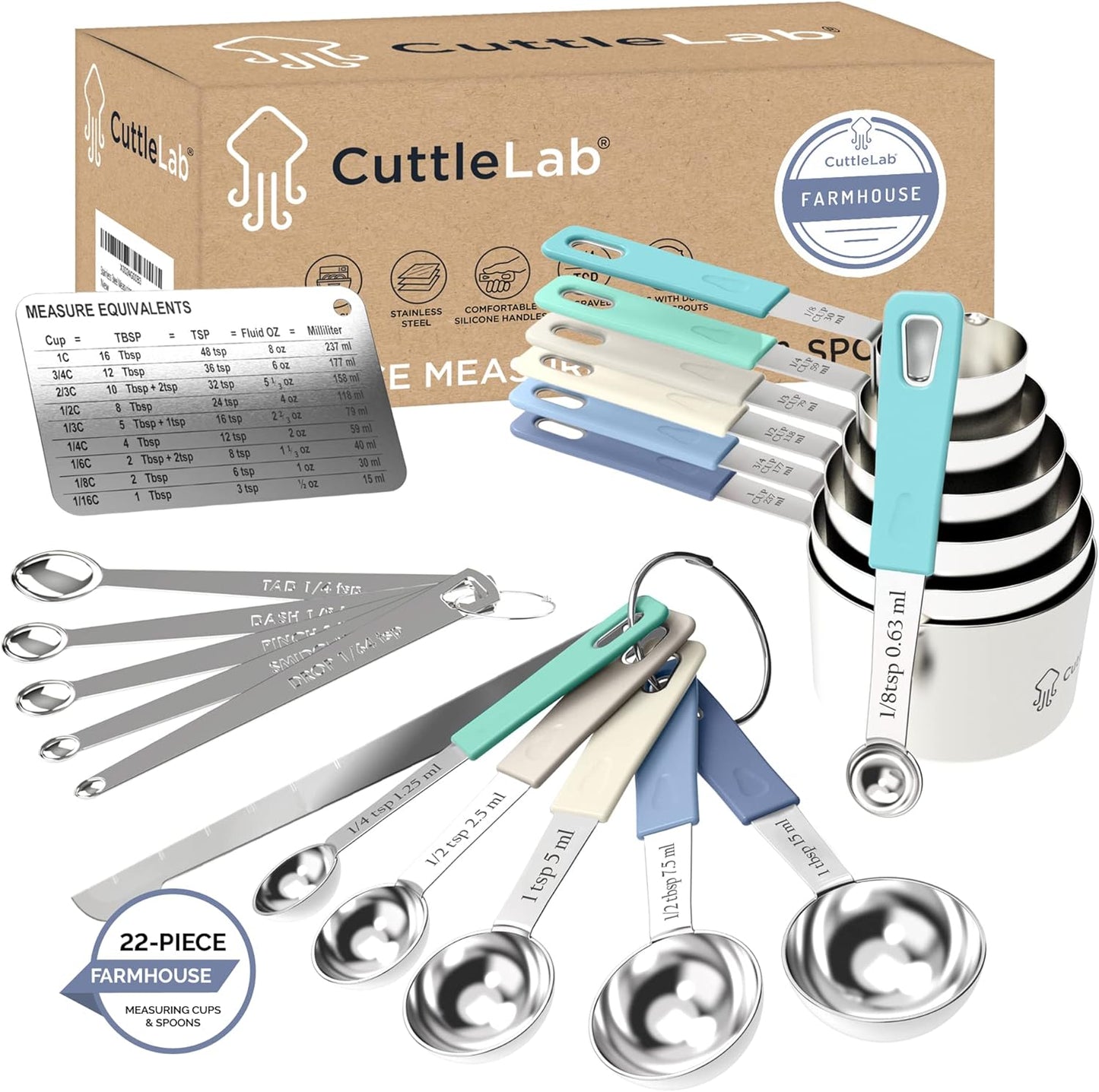 CuttleLab 22-Piece Stainless Steel Measuring Cups and Spoons Set, Tad Dash Pinch Smidgen Drop Mini Measuring Spoons, Measuring Stick Leveler, Measurement Conversion Chart Fridge Magnet, (Country Chic)