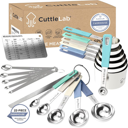 CuttleLab 22-Piece Stainless Steel Measuring Cups and Spoons Set, Tad Dash Pinch Smidgen Drop Mini Measuring Spoons, Measuring Stick Leveler, Measurement Conversion Chart Fridge Magnet, (Country Chic)