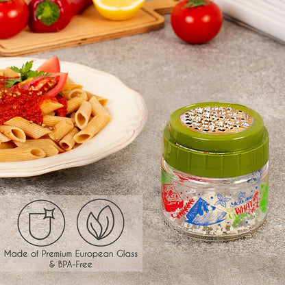 CRYSTALIA Cheese Grater with Glass Storage Container, Stainless Steel Food Shredder Box for Parmesan, Ginger, Garlic, Vegetable, Nutmeg, Small Fine Grinder with Lead-Free Glass Jar for Kitchen (Green)