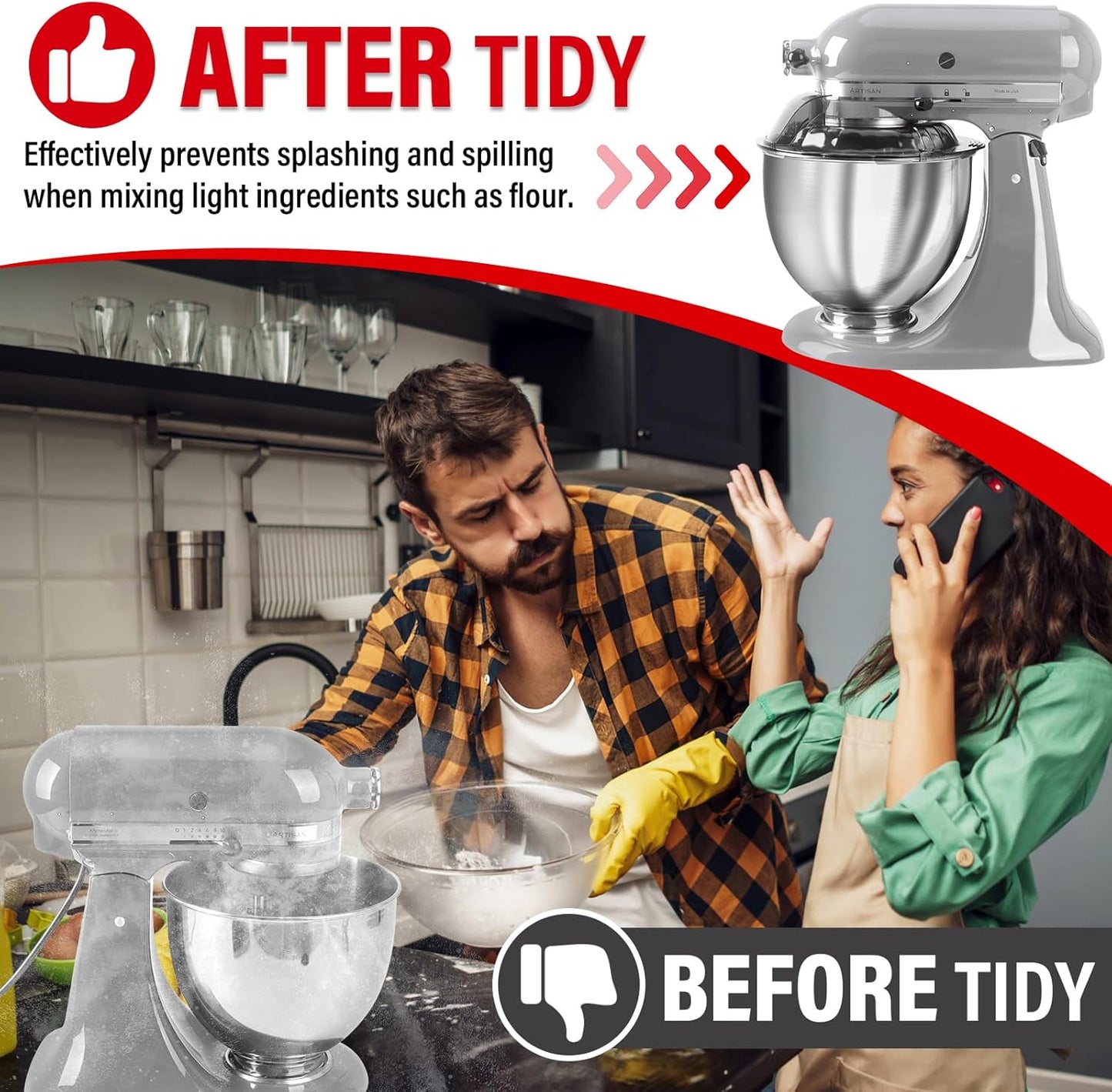 Pouring Shield for KitchenAid Tilt Head 4.5-5 QT (for Stainless Steel Bowls Only), for Kitchen aid Accessories and Attachments, Fully Enclosed Foldable Lid Mixer Bowl Cover & Flour Funnel