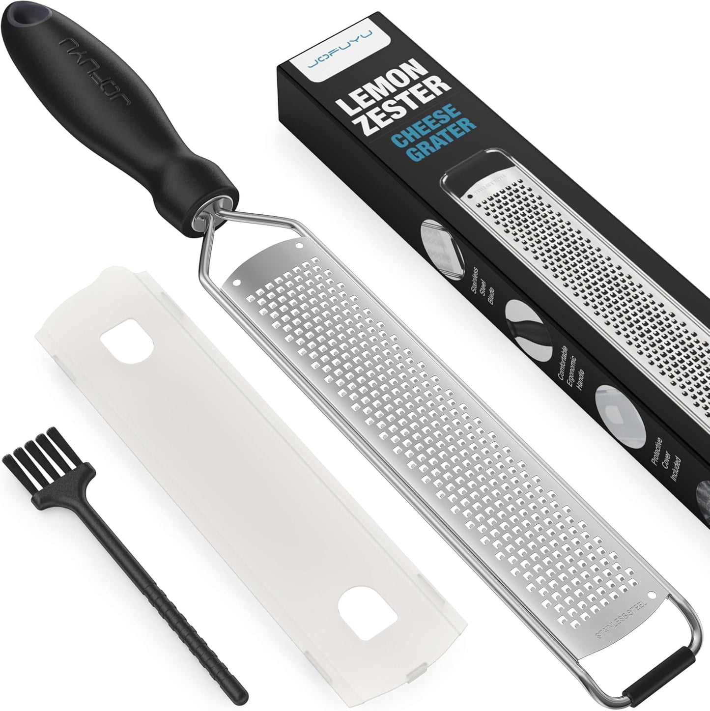 Zester Grater, Lemon Zester Grater with Handle, Premium Stainless Steel Citrus Zester for Parmesan, Garlic, Chocolate, Ginger, Non-Slip Grip, Safety Cover & Cleaning Brush, Black