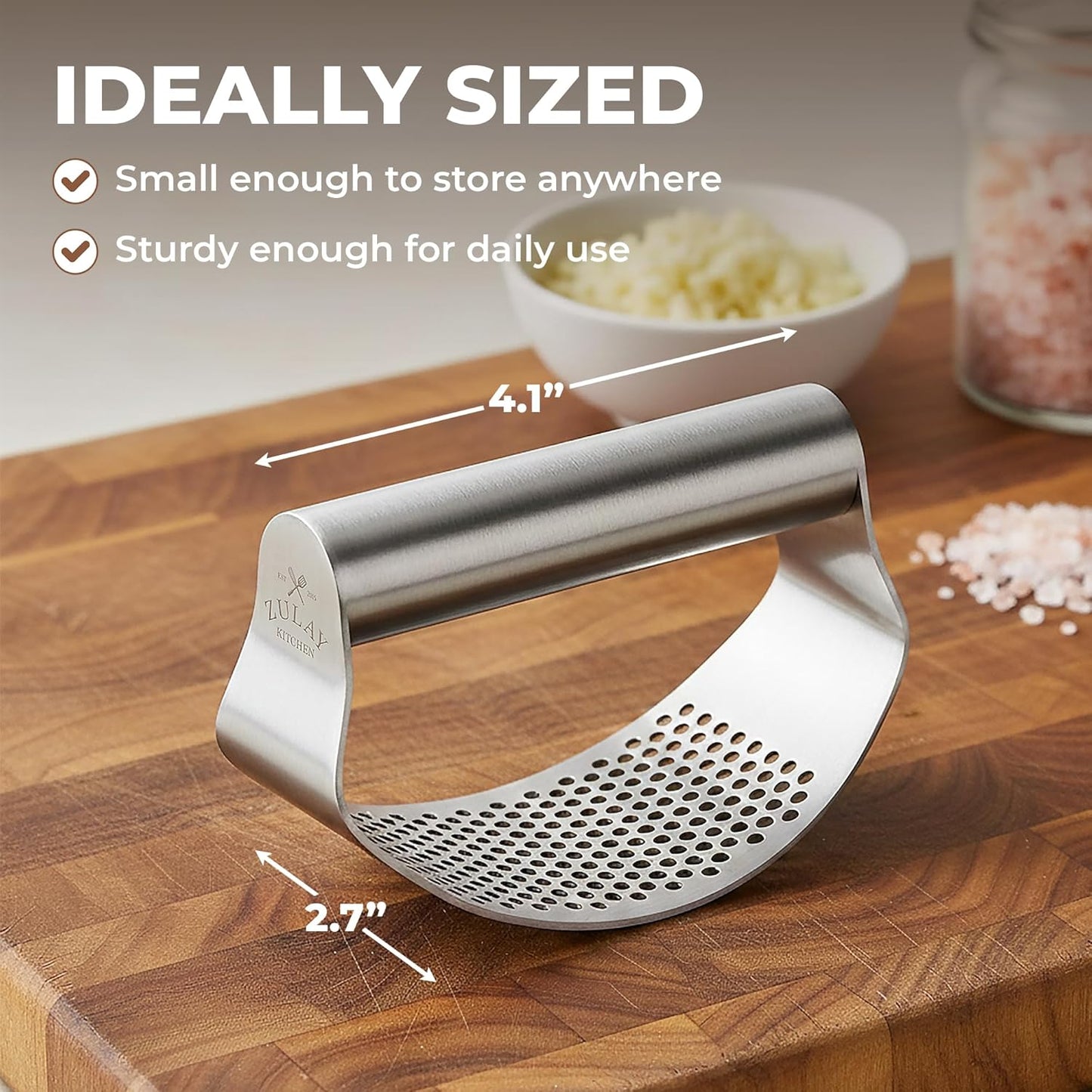 Zulay Kitchen Premium Garlic Press Set - Rust Proof Professional Garlic Mincer Tool - Easy-Squeeze, Easy-Clean with Soft, Ergonomic Handle - Silicone Garlic Peeler & Brush (Silver)