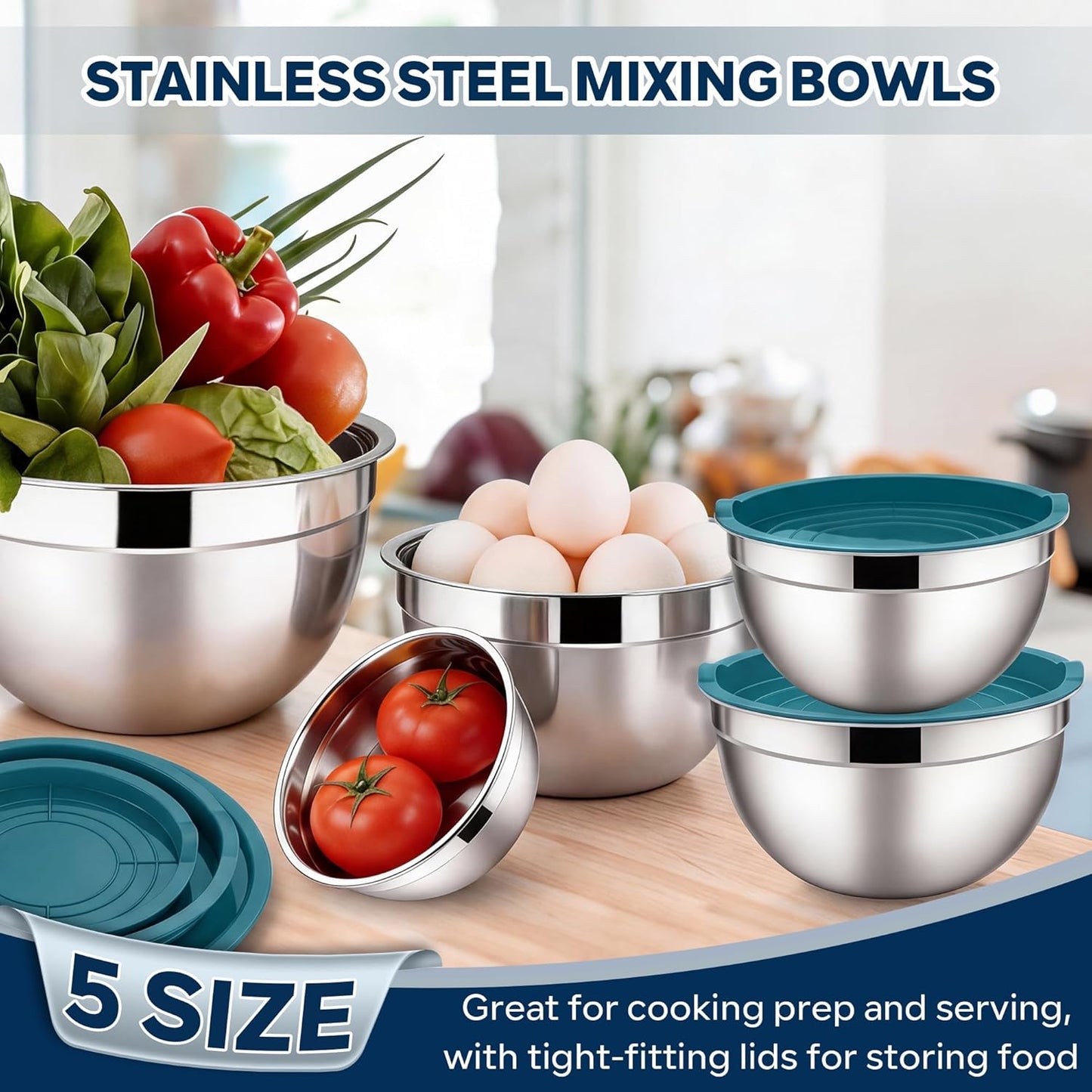 E-far Mixing Bowls with Lids, 6-Piece Stainless Steel Salad Bowls Metal Nesting Bowls for Baking Cooking and Prepping, Airtight Lids & Stackable Design, Size 4.5, 3, 1.5 QT (Black)