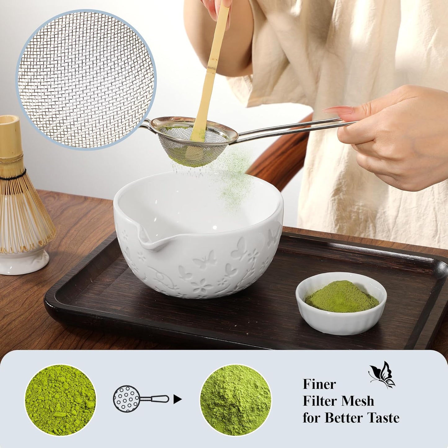 Matcha Whisk Set 7 PCS Matcha Bowl, Matcha Whisk and Holder, Bamboo Scoop and Scoop Rest, Stainless Sifter and Tea Towel Ceramic Matcha Set Japanese Matcha Kit for Matcha Lovers Pink
