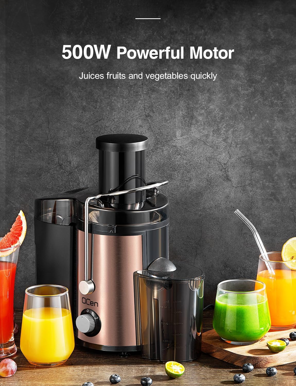 Qcen Juicer Machine, 500W Centrifugal Juicer Extractor with Wide Mouth 3” Feed Chute for Fruit Vegetable, Easy to Clean, Stainless Steel, BPA-free (Black)