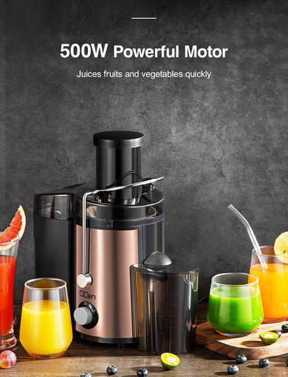 Qcen Juicer Machine, 500W Centrifugal Juicer Extractor with Wide Mouth 3” Feed Chute for Fruit Vegetable, Easy to Clean, Stainless Steel, BPA-free (Black)