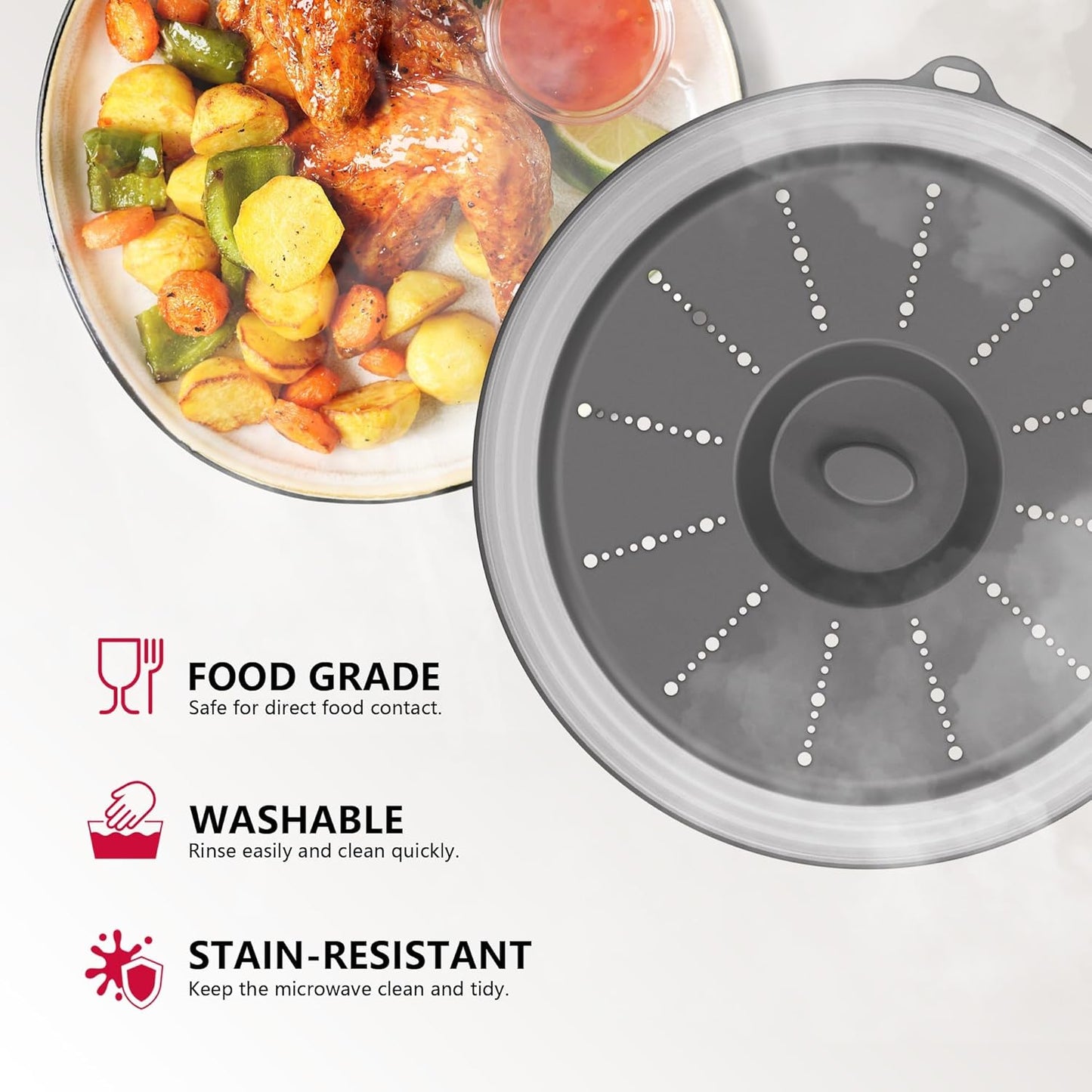 WVM Microwave Splatter Cover Vented for Food with Hook Hole, Splatter Guard & Colander Kitchen Gadget for Food, Meal Prep, Grey