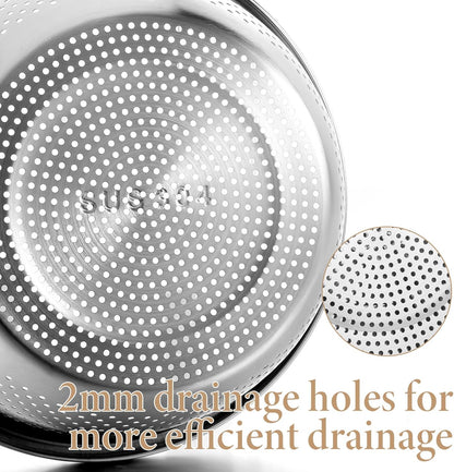 304 Stainless Steel Colander 3.5QT Microporous Colander and Large Bowl, Rice-Strainer with Salad Mixing Bowl Rice Washer Strainer Bowls for Washing Vegetables, Fruit and Rice, Dishwasher Safe(2PCS)