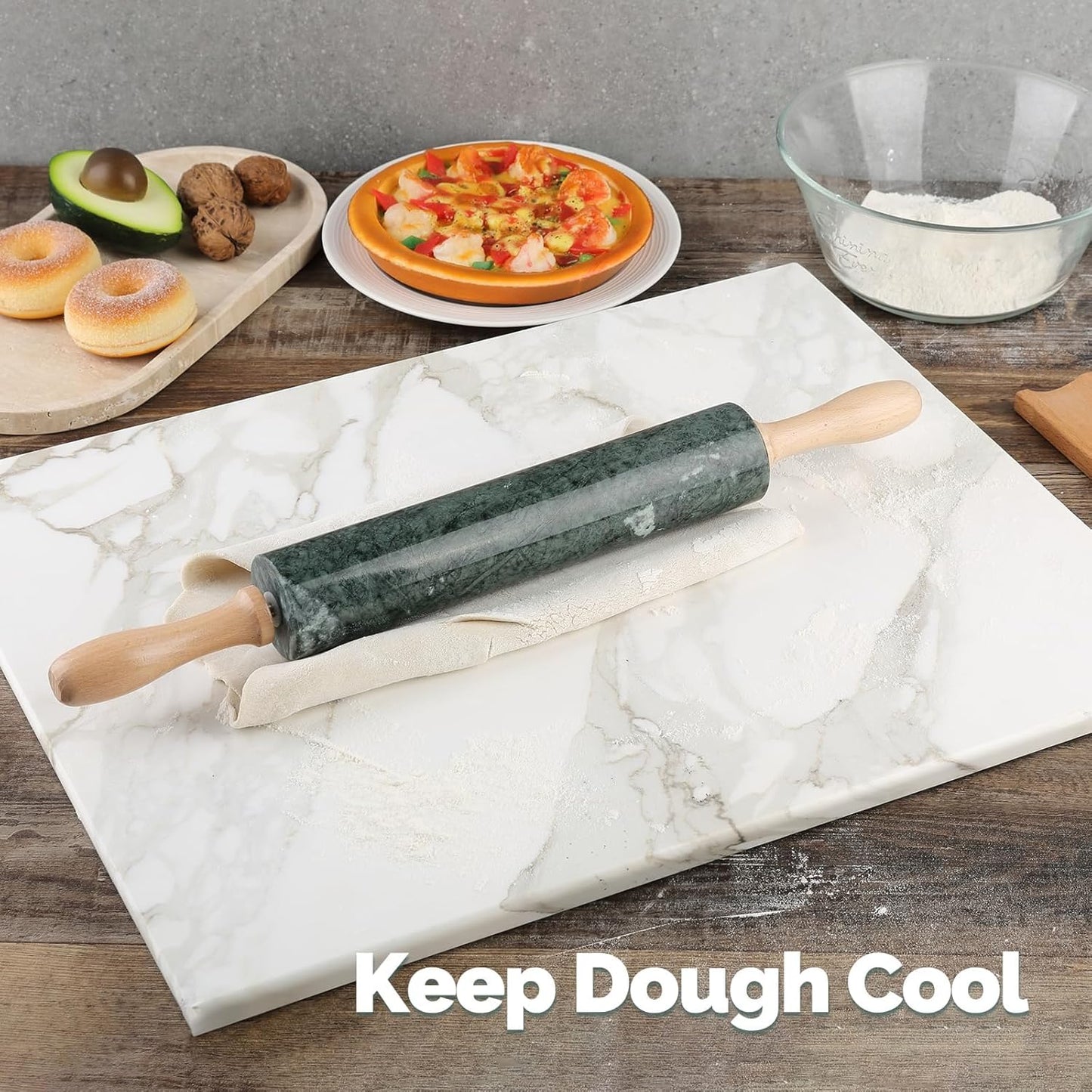 Koville African Natural Marble Rolling Pin, Non-Stick Polished Dough Roller, Pasta, Dumpling, Fondant, Pie Crust, Bread, Pizza Dough, Kitchen Baking Pastry Tools with Mat/Scraper（Namib Fantasy）