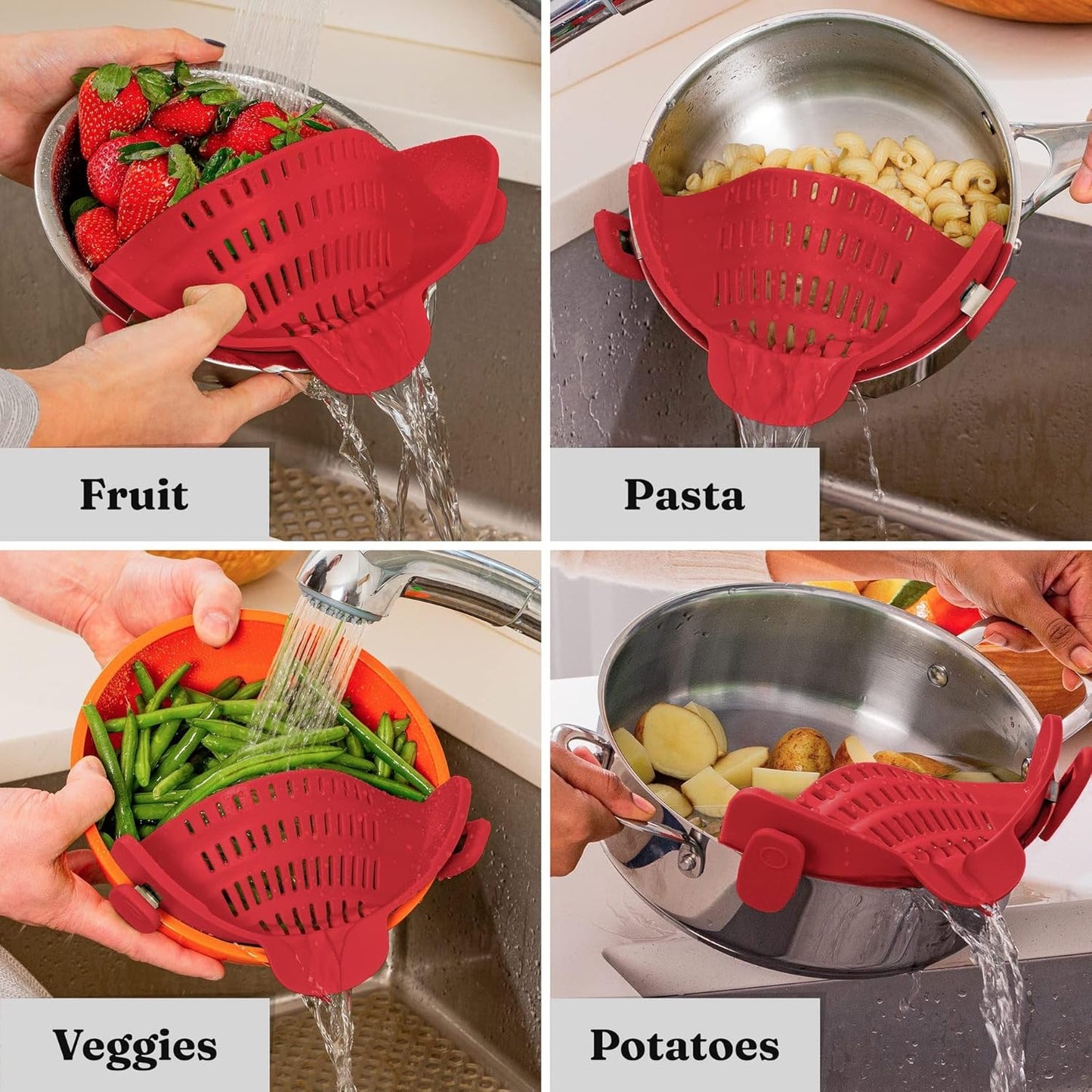 Silicone Clip-On Food Strainer for Pots, Pans, and Bowls,（ Gray） (red)