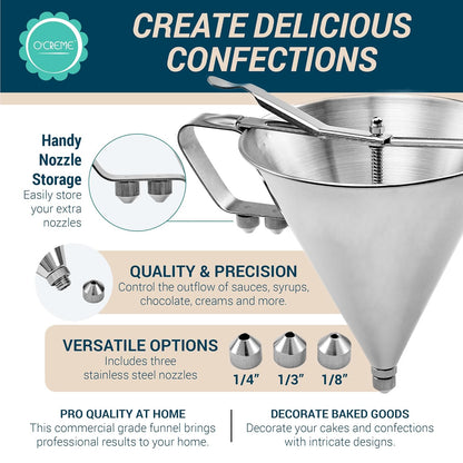 Stainless Steel Confectionery Funnel Dispenser with Precision Nozzles – Includes 1/8", 1/4", and 1/3" Tips – Ideal for Chocolate, Sauces, Batter, and Pastry Work