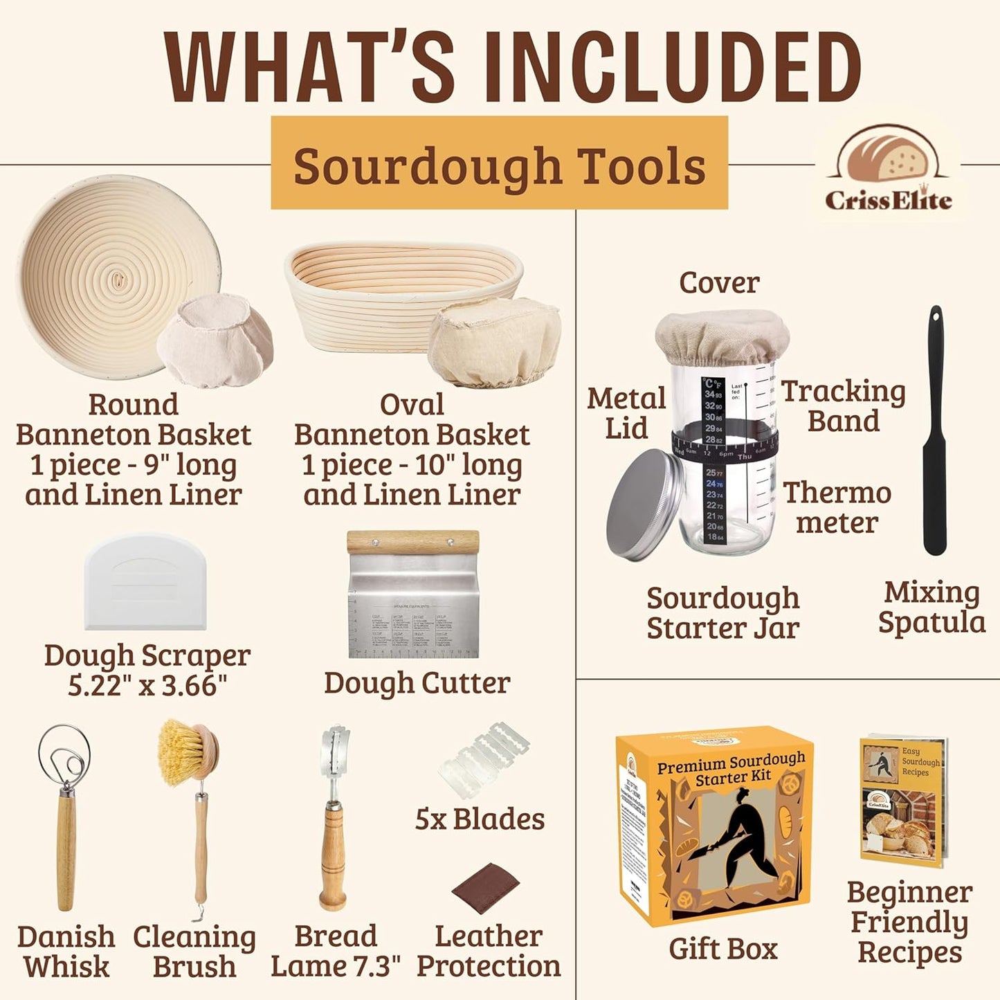CRISS ELITE 11" Oval Banneton Proofing Basket Set of 2 - Sourdough Starter Kit with Bread Lame, Danish Whisk, Metal & Bowl Scrapers, Cleaning Brush - Professional Artisan Baker Gift Set