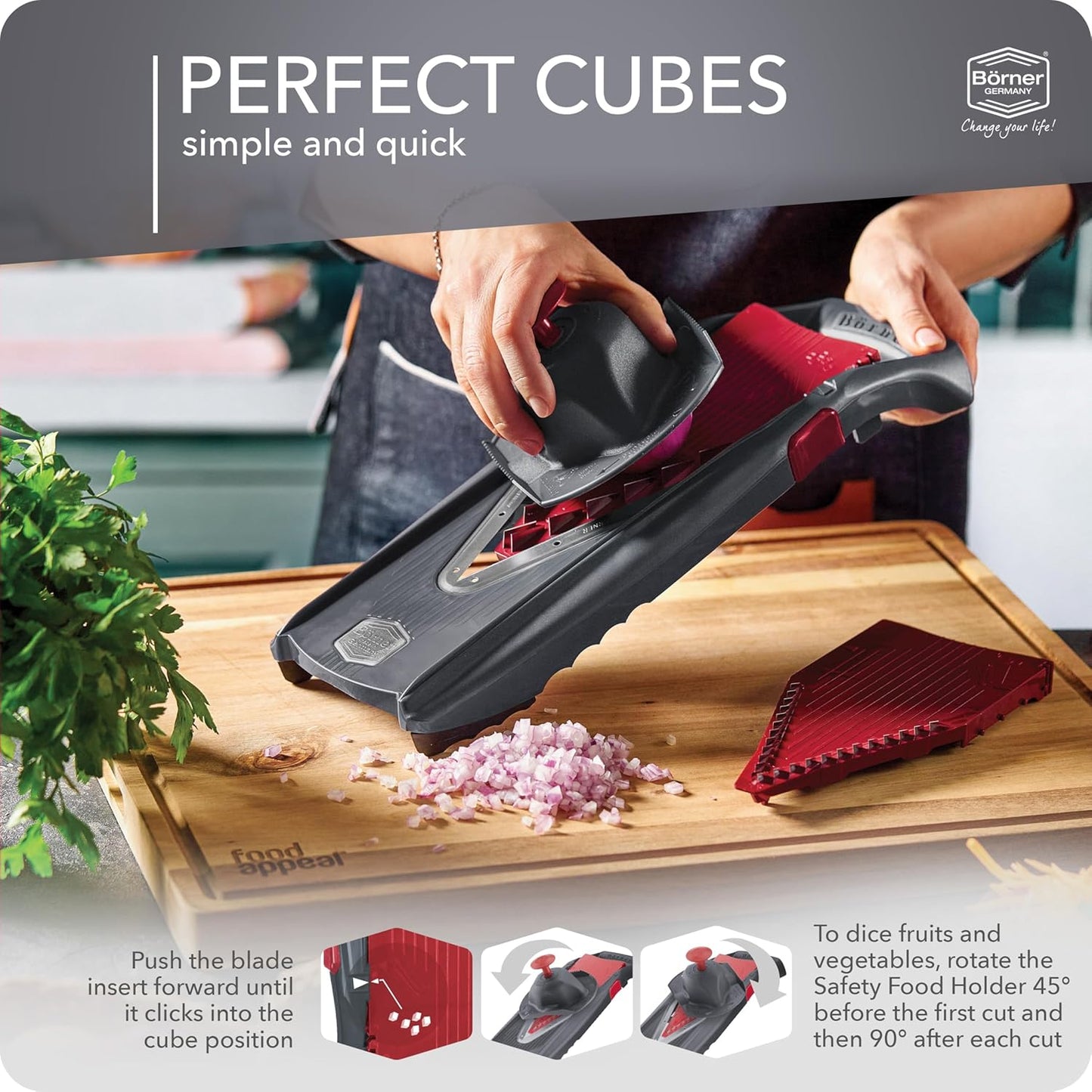 Börner by Reston Lloyd Mandoline Slicer Vital (Basic Set) • V-Slicer with 10 Cutting Styles & Safety Food Holder • Adjustable Kitchen Slicer & Dressing Function