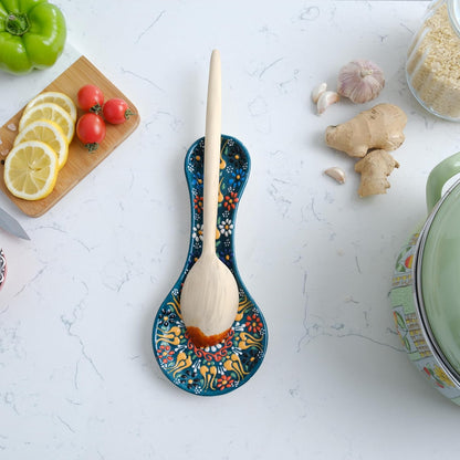 Handmade Spoon Rest, Ceramic Spoon Rest for Stove Top, 10" Spoon Rest for Kitchen Counter, Dishwasher Safe Spoon Holder for Stove, Housewarming Gifts Utensil Rest, Colorful Spoon Rests (Black)