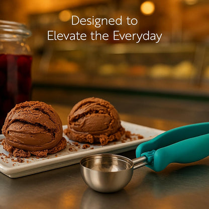 Restaurantware Comfy Grip 4 Ounce Gelato Scoop 1 Ambidextrous Ice Cream Scoop - Built-In Blade Bright Handle Gray Stainless Steel Cookie Dough Scoop Comfortable Grip For All Ingredients