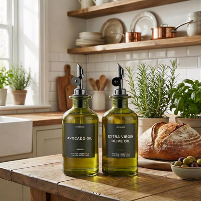 Verspace UV-Protected Green Glass Olive Oil Dispenser Bottles For Kitchen - 2 Pack - 12oz Includes 40 Kitchen Essential Labels, Avocado Oil Dispenser Set, Modern Decor for Home, Airbnb, Cafe