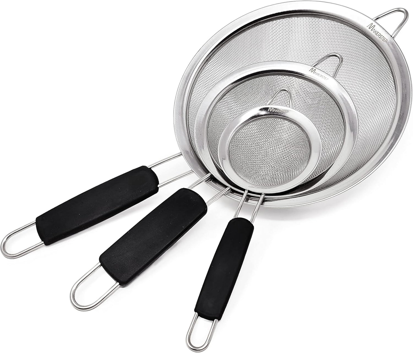 Makerstep Fine Mesh Strainer Set of 3, Stainless Steel 3.38", 5.5", 7.87" Strainers Wire Sieve Sifter with Insulated Handle Strainers for Kitchen Gadgets Tools