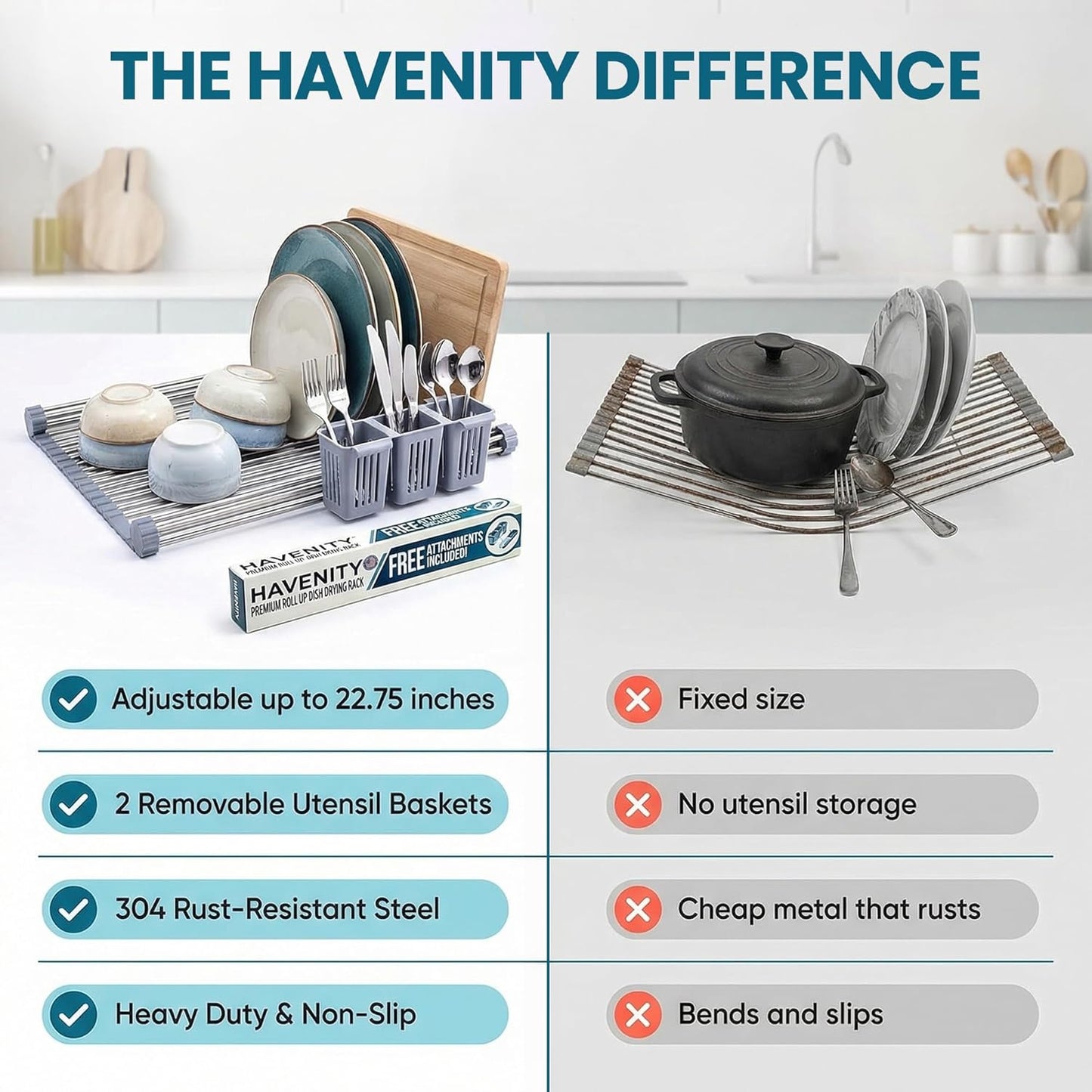 Havenity™ Expandable Roll Up Dish Drying Rack for Small Sinks - Expandable 12.8 to 22.8 Inch Over Sink Rack, Fits Apartments, RVs and Office Kitchens, Stainless Steel, 2 Baskets