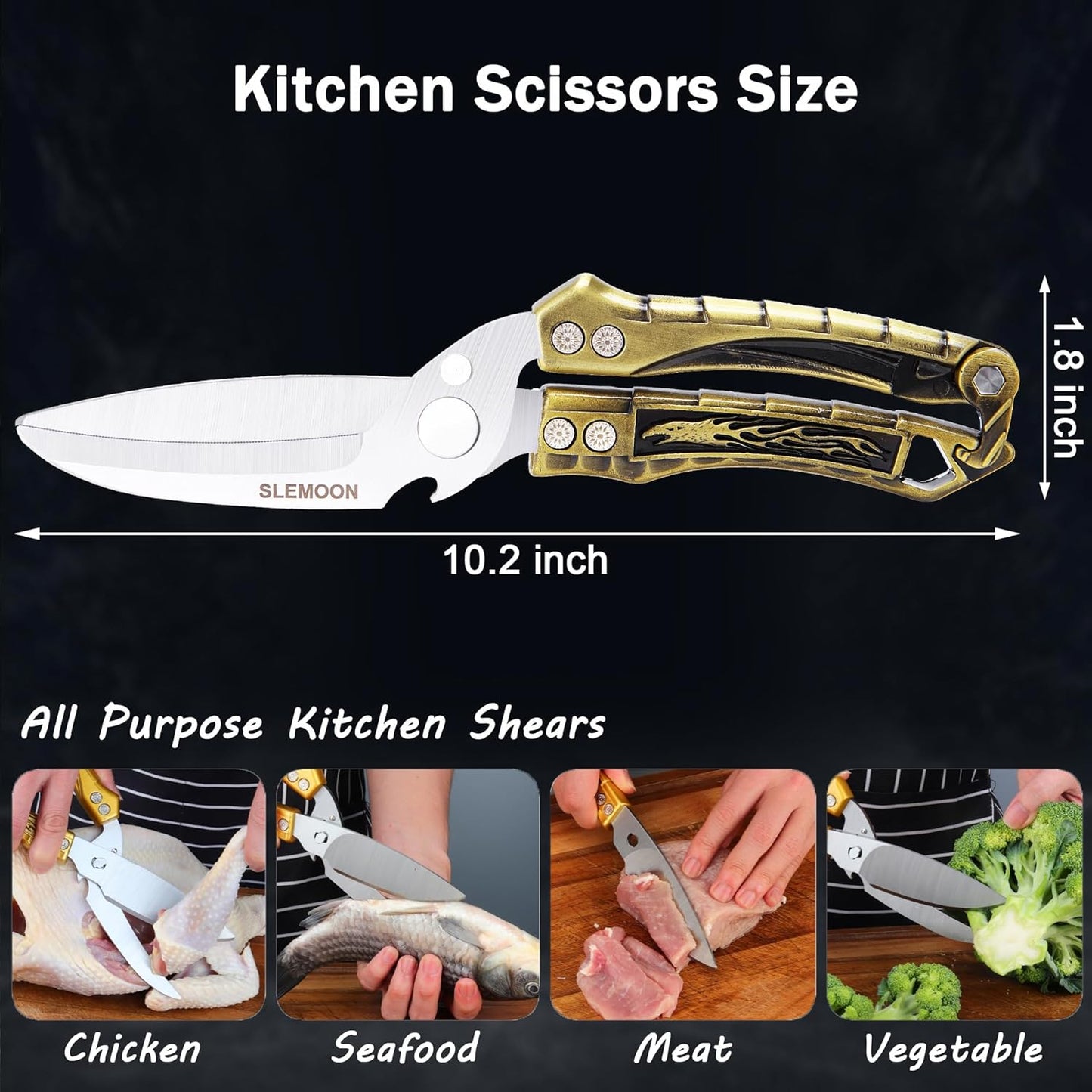 Heavy Duty Kitchen Poultry Shears - Professional Food Scissors for Spatchcocking Chicken, Cutting Raw Meat & Poultry Bones, Thick Steel Blades, Spring-Loaded, Dishwasher Safe Black