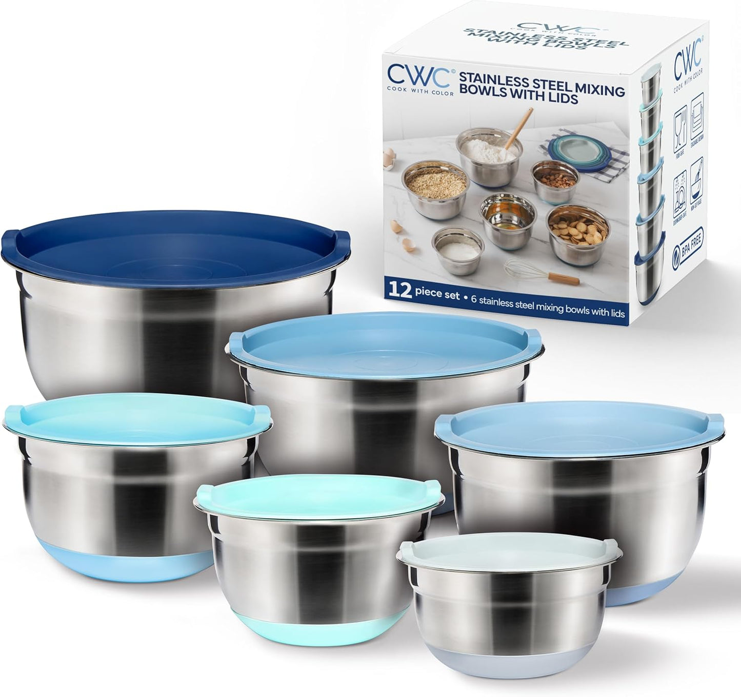 COOK WITH COLOR Stainless Steel Mixing Bowls Set with Lids - Nesting Bowls with Non-Slip Bottom, Silver, 14 Pieces