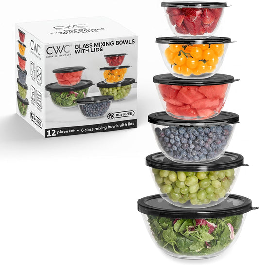 COOK WITH COLOR 12 Pc Glass Mixing Bowl Set with Lids – Borosilicate Glass Nesting Bowls for Cooking, Baking and Meal Prep, Gold Rim