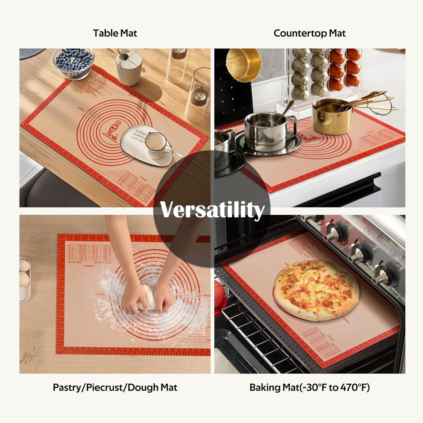 Non-slip Silicone Pastry Mat Extra Large with Measurements 28''By 20'' for Silicone Baking Mat, Counter, Dough Rolling, Oven Liner,Fondant/Pie Crust By Folksy Super Kitchen Red