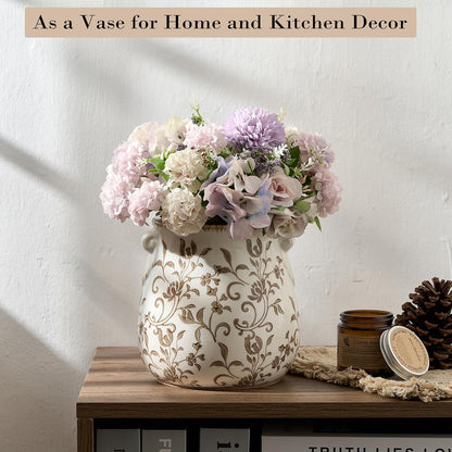 Utensil Holder for Kitchen Counter, Modern Farmhouse Rustic Cooking Utensil Holder and Crock, Exquisite Chinoiserie Floral Ceramic Utensil Organizer for Home Kitchen Decor- Green and Beige