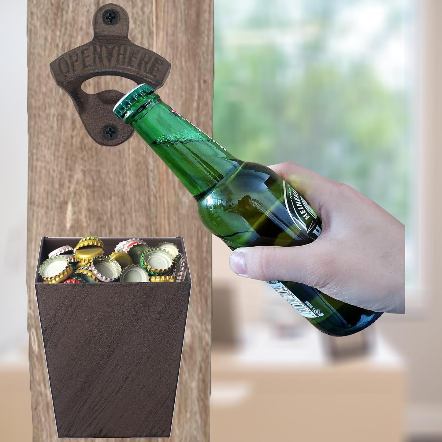 Satin Black Cast Iron Bottle Opener Wall Mounted with Bottle Cap Catcher Narrow
