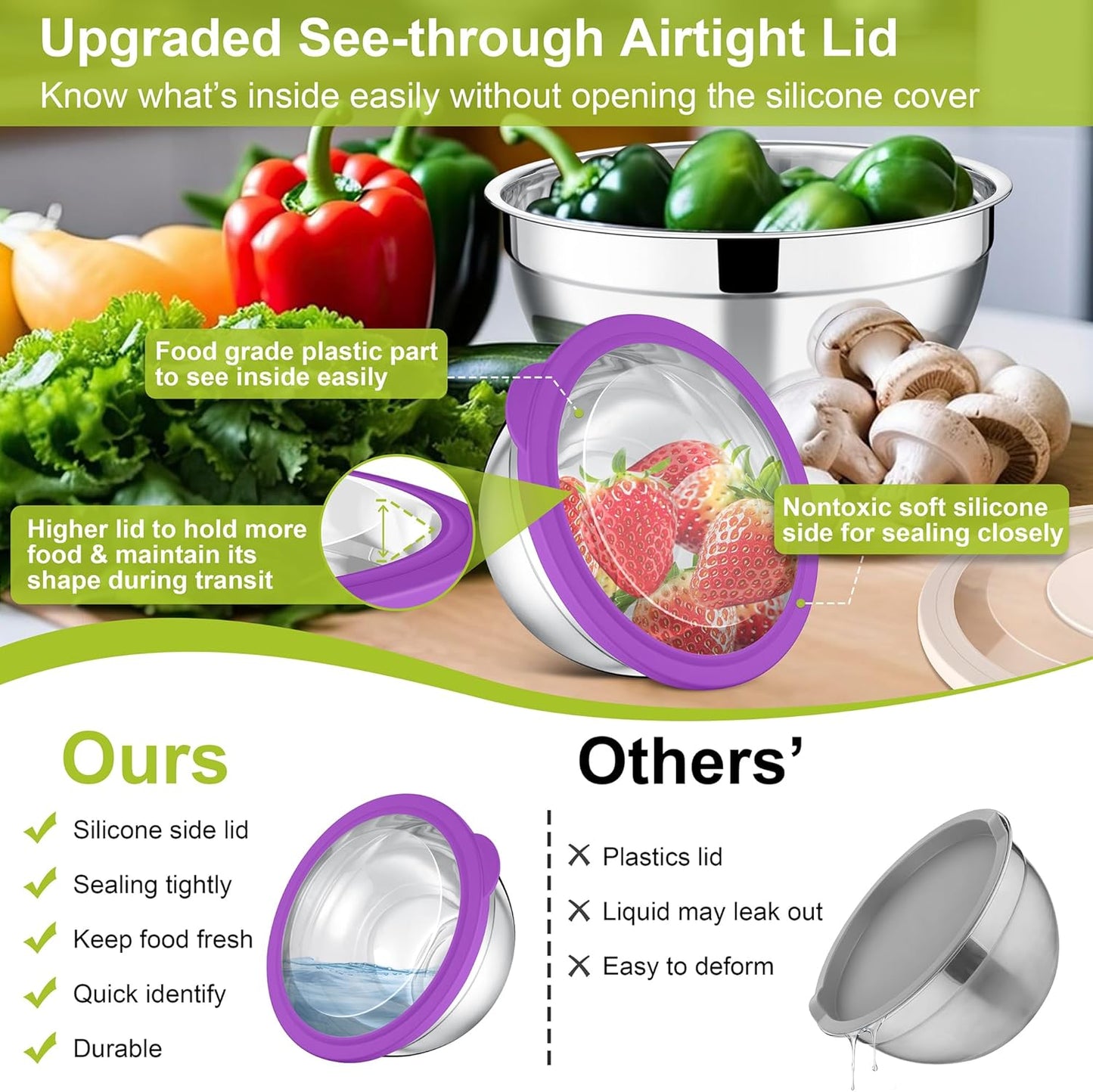 E-far Mixing Bowls Set of 5, Stainless Steel Salad Mixing Bowl with Transparent Lid, Metal Nesting Bowl Attach with 3 Graters for Kitchen Prepping/Serving/Baking/Storage, 4.6/2.6/1.5/1/0.7 QT - Khaki
