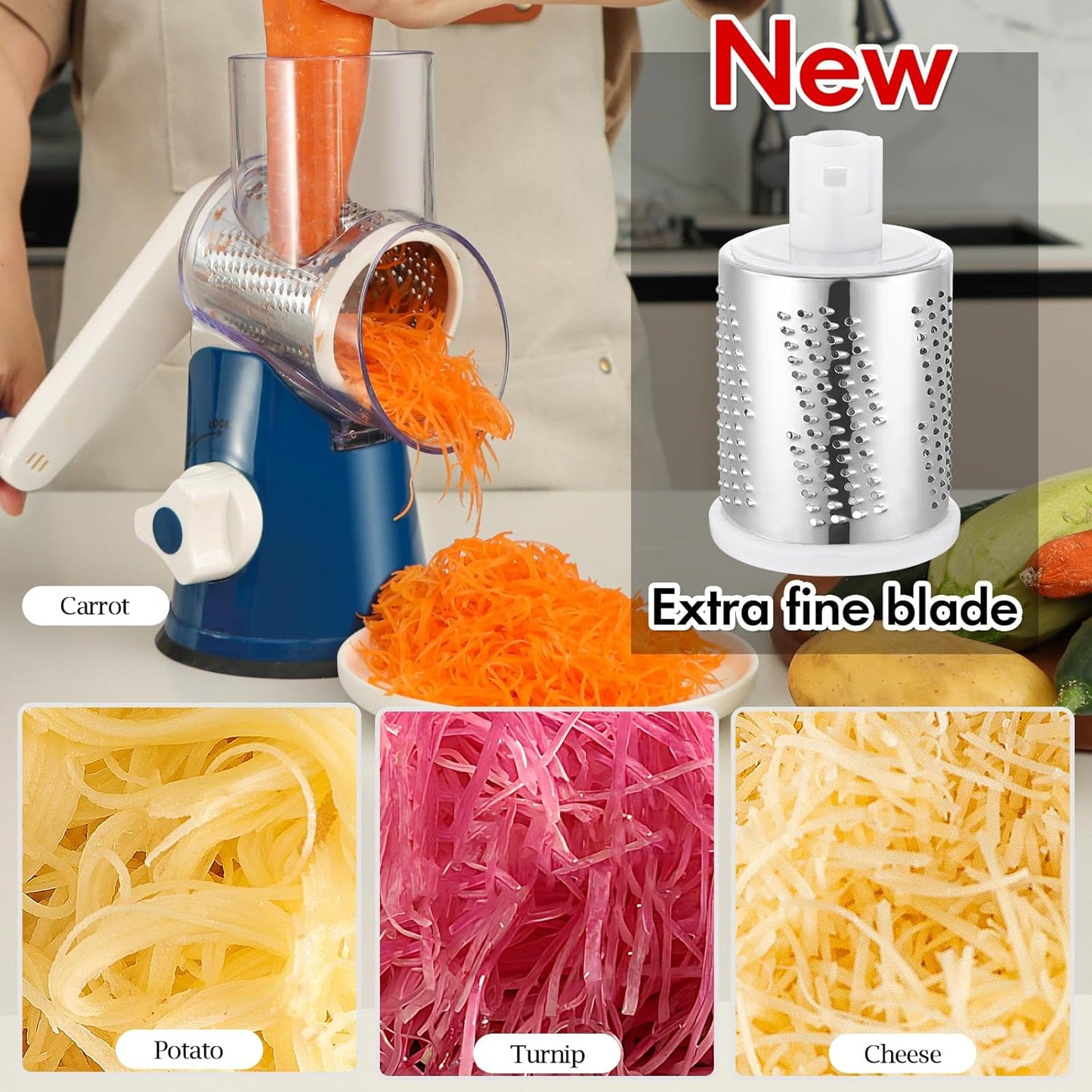 Ourokhome Rotary Cheese Grater Hand Crank, Kitchen Shredder Speed Mandolin Slicer Nut Grinder with Handle and Drum Blades for Cheese, Vegetable, Walnut, Chocolate, Potato, Carrot, 3 Blades, Dark Blue