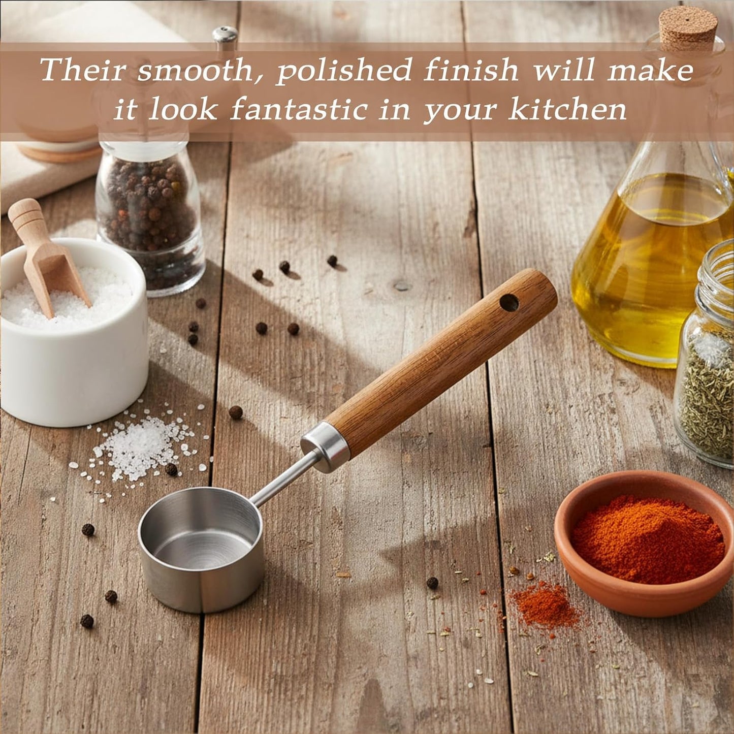 Coffee Measuring Scoop Spoon, 15ml Stainless Steel Wooden Coffee Spoon for Coffees, Tea, Ground, Cocoa & Kitchen Use