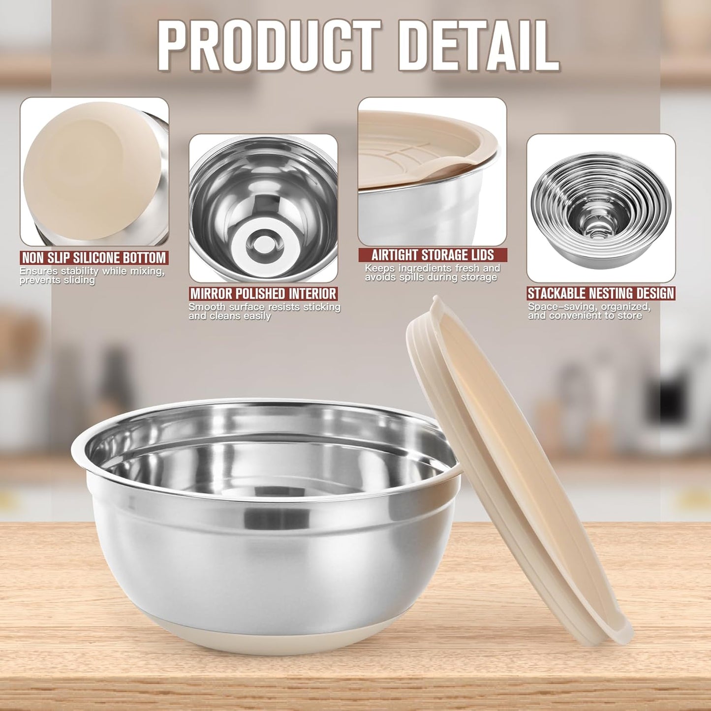 31PCS Mixing Bowls with Lids Set, 5.5QT to 0.6QT Stainless Steel Nesting Bowls with Graters, Large Khaki Bowls & 21 Measuring Cups and Spoons Set Kitchen Appliances for Mixing, Baking, Food Storage