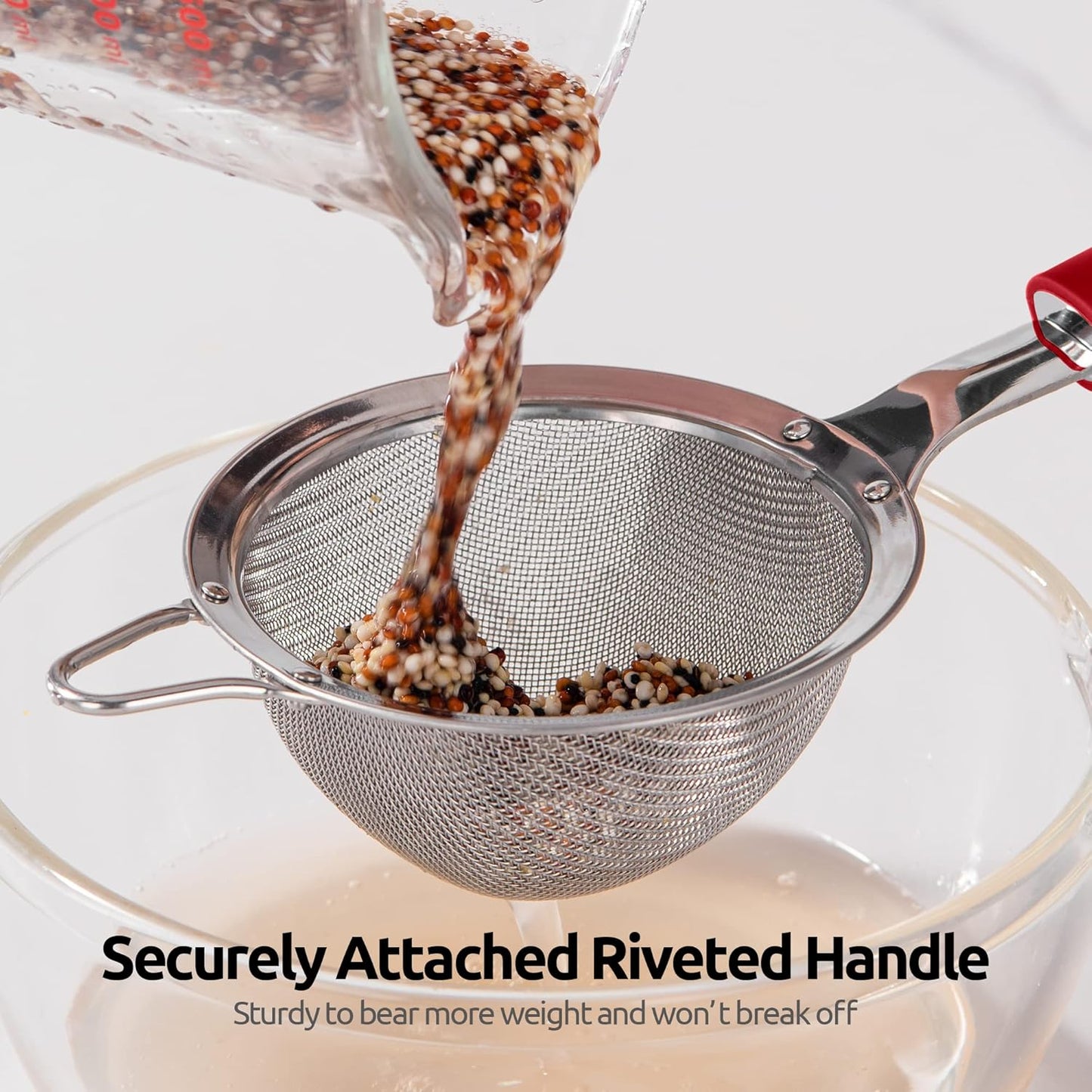 18/8 Stainless Steel Mesh Strainer: U-Taste 5.5 Inch Kitchen Fine Mesh Sieve Food Colander with Riveted Sturdy Silicone Handle and 30 Mesh Hole for Straining Flour, Pasta, Fruit, Quinoa(Aqua Sky)