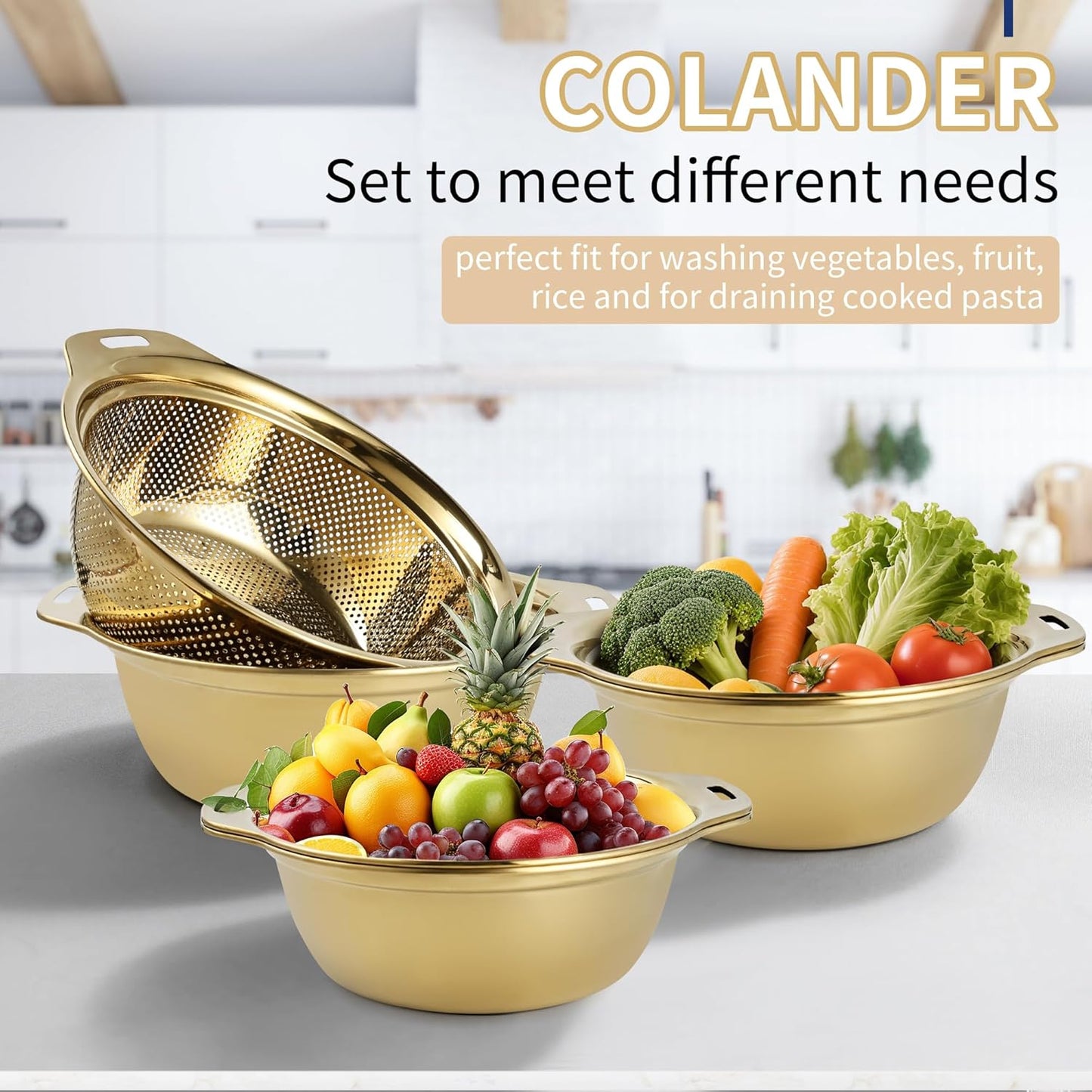 Colander 304 Stainless Steel 3-quart with Mixing Bowls, Strainer for Kitchen Food For washing vegetables, fruit, rice, Dishwasher Safe. (2PC)
