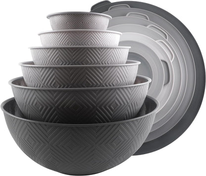 COOK WITH COLOR Mixing Bowls with Lids - 12 Piece Plastic Nesting Bowls Set includes 6 Prep Bowls and 6 Lids, Microwave Safe Mixing Bowl Set, Black Embossed - Colors B