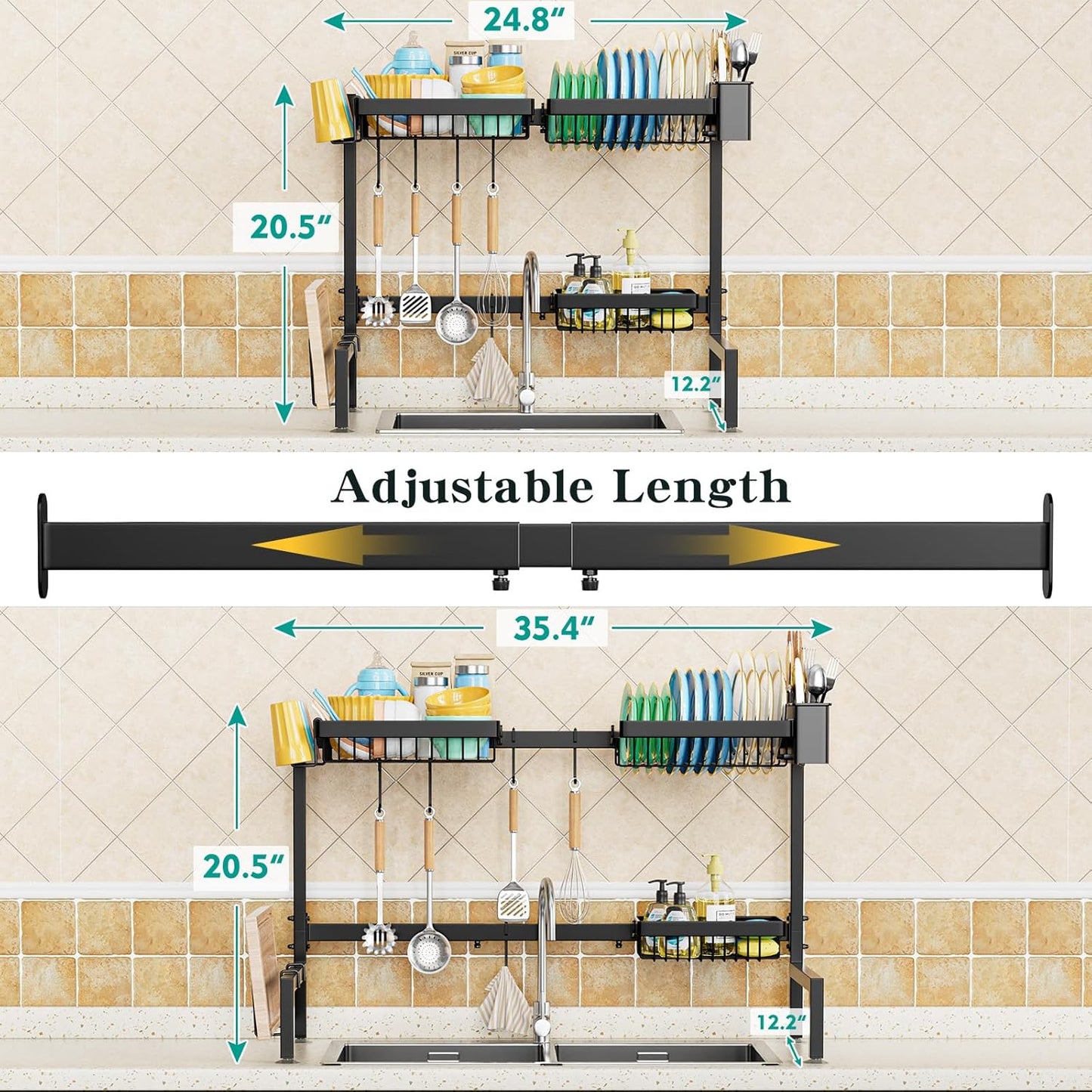 YKLSLH 4 Baskets Over The Sink Dish Drying Rack, Extendable Large Capacity Sink Rack, Metal Drying Rack Saving Space,for Most Sinks (26.57"-35")